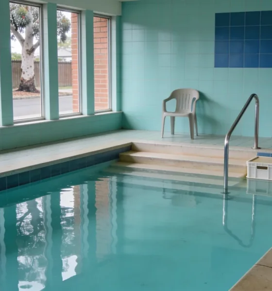 Calm water filling most of a rehabilitation pool room in Australia in soft daylight, with a wide shallow entry step and stainless steel handrail, a plain plastic step box at the water's edge, a folded towel and a water bottle beside a plastic chair on the dry tiled surround, and a quiet suburban street of brick fence and gum tree through the windows