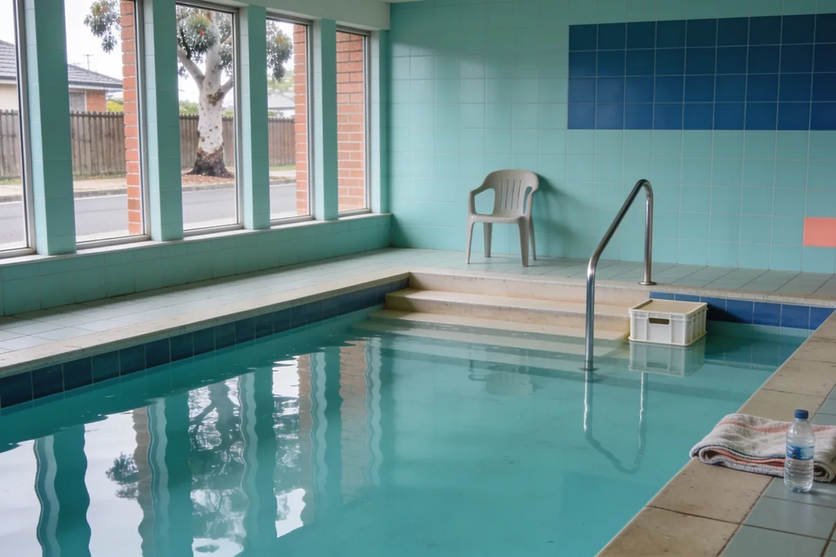 Calm water filling most of a rehabilitation pool room in Australia in soft daylight, with a wide shallow entry step and stainless steel handrail, a plain plastic step box at the water's edge, a folded towel and a water bottle beside a plastic chair on the dry tiled surround, and a quiet suburban street of brick fence and gum tree through the windows