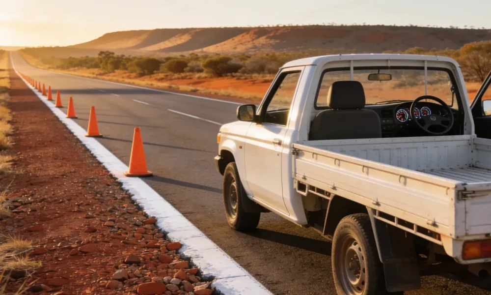 A long straight Northern Territory highway shoulder at sunrise, with plain orange traffic cones receding along the white edge line and a white ute parked on the shoulder seen from behind and to its left, its front left door standing open so the steering wheel, instrument dials and driver's seat show plainly across the cabin on the right hand side, with red gravel, scrub and a distant ridge under a low sun