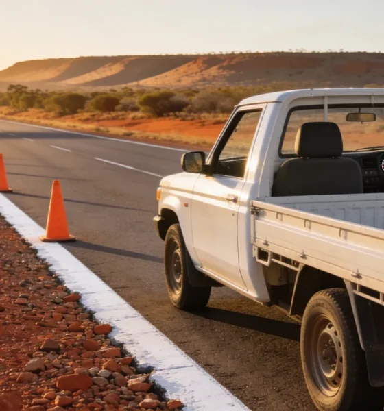 A long straight Northern Territory highway shoulder at sunrise, with plain orange traffic cones receding along the white edge line and a white ute parked on the shoulder seen from behind and to its left, its front left door standing open so the steering wheel, instrument dials and driver's seat show plainly across the cabin on the right hand side, with red gravel, scrub and a distant ridge under a low sun