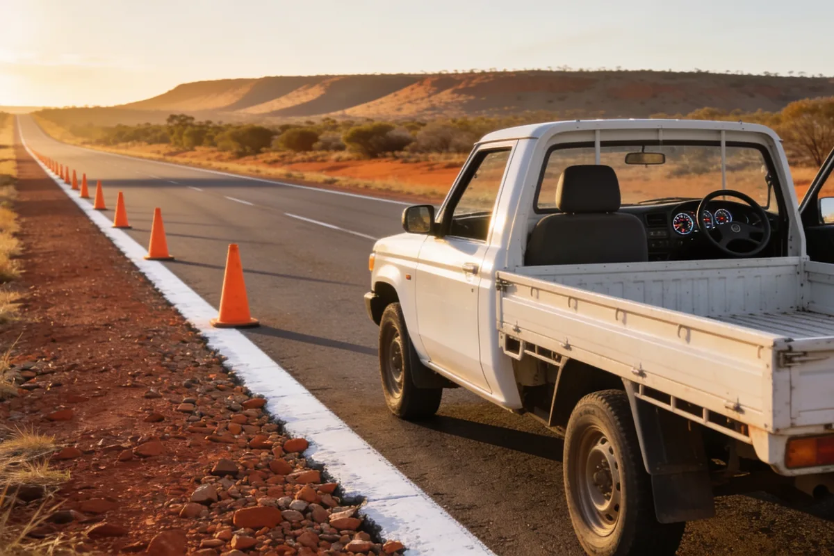 A long straight Northern Territory highway shoulder at sunrise, with plain orange traffic cones receding along the white edge line and a white ute parked on the shoulder seen from behind and to its left, its front left door standing open so the steering wheel, instrument dials and driver's seat show plainly across the cabin on the right hand side, with red gravel, scrub and a distant ridge under a low sun