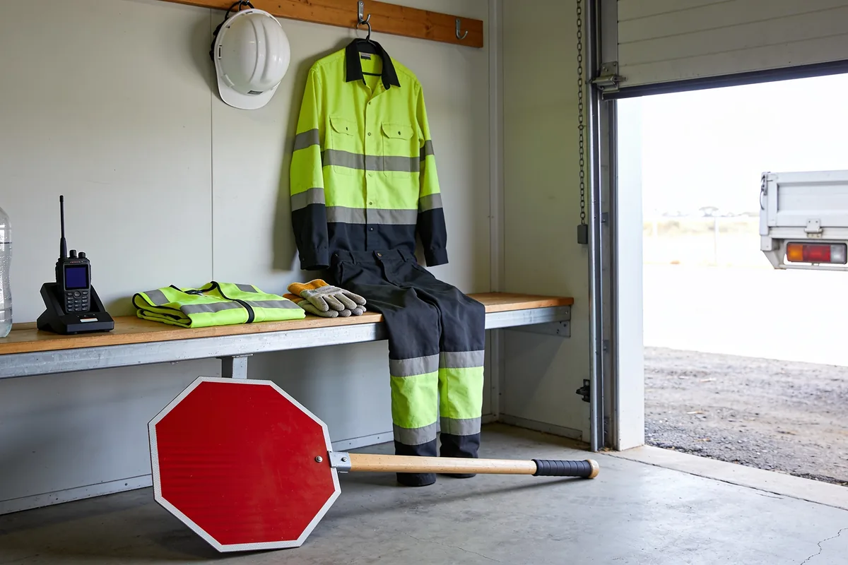 A depot bench at the start of a shift in natural light from an open roller door: a plain high visibility work shirt and trousers hanging above a white hard hat, a folded reflective vest, work gloves, a two way radio in its charger and a water bottle on the bench, a red octagonal hand held traffic sign on its handle leaning beside the bench, and the rear tray of a white ute showing outside the doorway