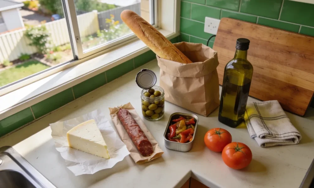 A pale kitchen benchtop in an ordinary Australian home on a bright weekend morning, freshly unpacked shopping on the surface: a wedge of pale cheese on greaseproof paper, a cured sausage on paper, an open jar of olives with its lid off, a shallow tin of roasted peppers, a paper bag with a long bread stick, a bottle of olive oil, a folded tea towel, two ripe tomatoes and a wooden board pushed aside, with a garden and paling fence through the window