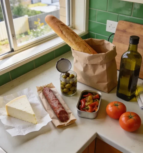 A pale kitchen benchtop in an ordinary Australian home on a bright weekend morning, freshly unpacked shopping on the surface: a wedge of pale cheese on greaseproof paper, a cured sausage on paper, an open jar of olives with its lid off, a shallow tin of roasted peppers, a paper bag with a long bread stick, a bottle of olive oil, a folded tea towel, two ripe tomatoes and a wooden board pushed aside, with a garden and paling fence through the window