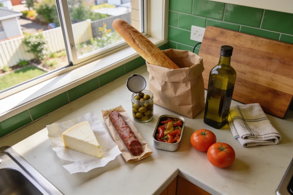 A pale kitchen benchtop in an ordinary Australian home on a bright weekend morning, freshly unpacked shopping on the surface: a wedge of pale cheese on greaseproof paper, a cured sausage on paper, an open jar of olives with its lid off, a shallow tin of roasted peppers, a paper bag with a long bread stick, a bottle of olive oil, a folded tea towel, two ripe tomatoes and a wooden board pushed aside, with a garden and paling fence through the window