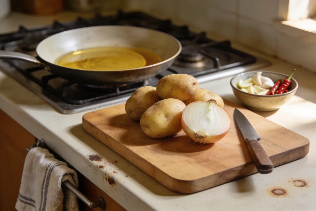 A home kitchen bench mid prep in natural afternoon light, with unpeeled potatoes and a halved onion on a wooden chopping board, a shallow pan with a film of oil warming on the stovetop behind, a small bowl of garlic pieces and red chillies beside the board, a knife resting on the board and a striped tea towel hanging from the drawer handle