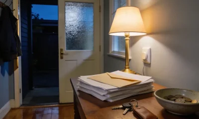 The front entry of an ordinary Australian house in the evening, with a table lamp lit above a stack of plain mail topped by a sealed envelope, a set of keys with a leather fob and a ceramic bowl of coins on a timber hall table, a jacket on a wall hook and an open front door with a frosted panel looking onto a dark porch, over polished floorboards