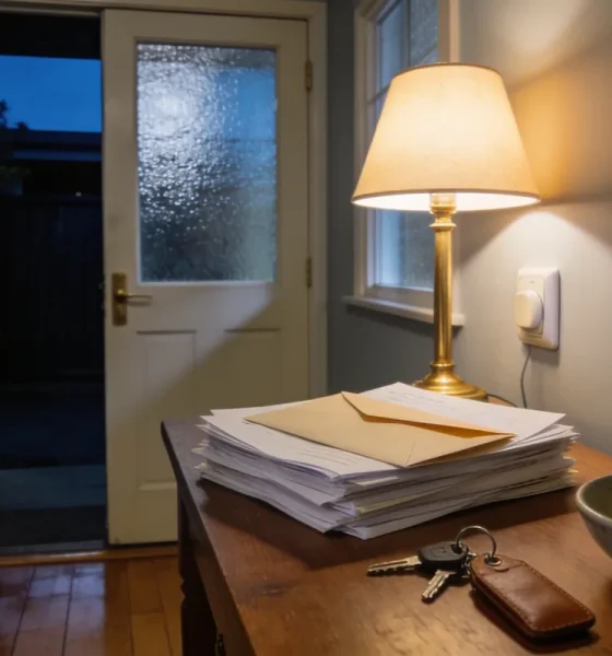 The front entry of an ordinary Australian house in the evening, with a table lamp lit above a stack of plain mail topped by a sealed envelope, a set of keys with a leather fob and a ceramic bowl of coins on a timber hall table, a jacket on a wall hook and an open front door with a frosted panel looking onto a dark porch, over polished floorboards