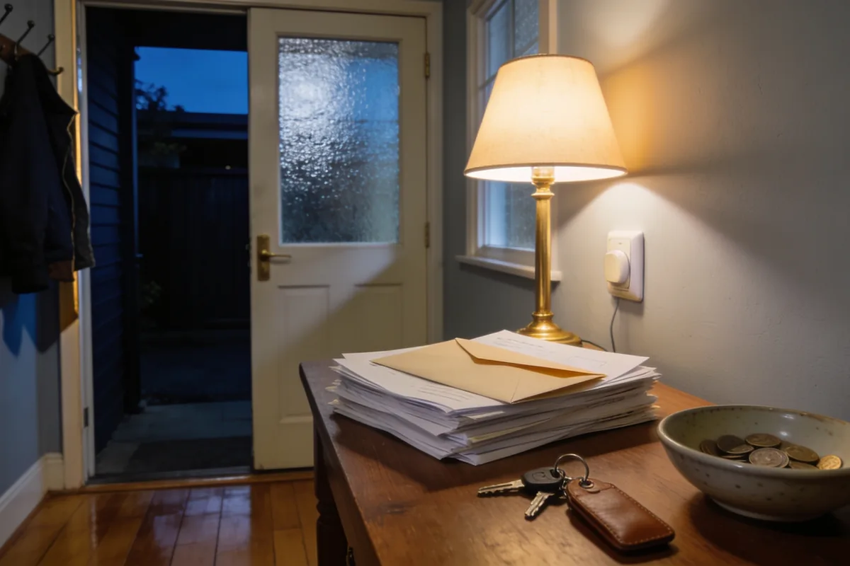 The front entry of an ordinary Australian house in the evening, with a table lamp lit above a stack of plain mail topped by a sealed envelope, a set of keys with a leather fob and a ceramic bowl of coins on a timber hall table, a jacket on a wall hook and an open front door with a frosted panel looking onto a dark porch, over polished floorboards