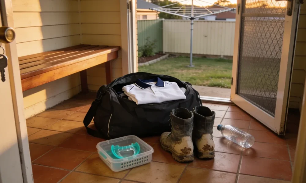 A small dark sports bag standing open by the back door of an ordinary Australian home in warm late afternoon light, a folded plain white and navy sports shirt inside it, a pair of muddy boots beside it on the tiled floor, a ventilated case with a teal mouthguard inside and a plain water bottle nearby, a timber bench behind and a flyscreen door ajar onto a backyard with a Hills hoist clothesline