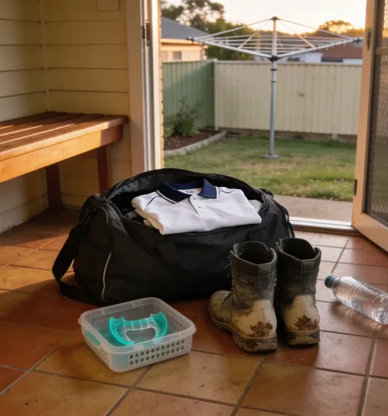 A small dark sports bag standing open by the back door of an ordinary Australian home in warm late afternoon light, a folded plain white and navy sports shirt inside it, a pair of muddy boots beside it on the tiled floor, a ventilated case with a teal mouthguard inside and a plain water bottle nearby, a timber bench behind and a flyscreen door ajar onto a backyard with a Hills hoist clothesline