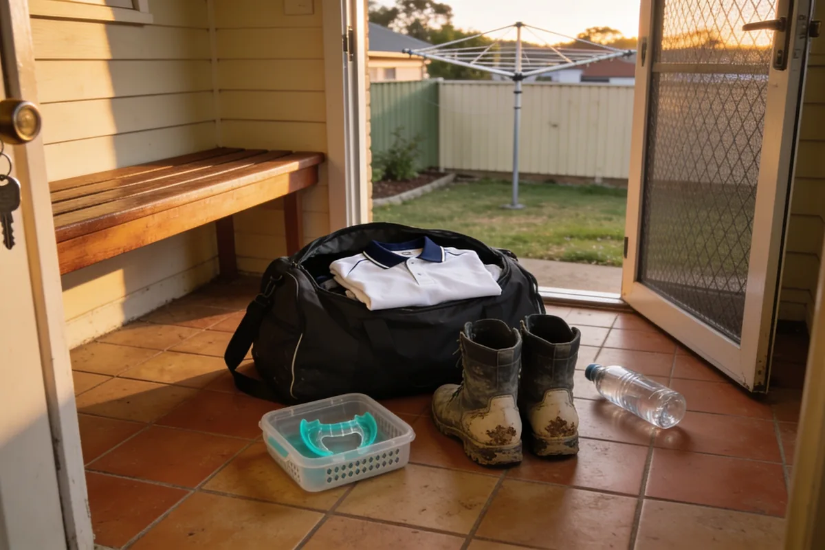 A small dark sports bag standing open by the back door of an ordinary Australian home in warm late afternoon light, a folded plain white and navy sports shirt inside it, a pair of muddy boots beside it on the tiled floor, a ventilated case with a teal mouthguard inside and a plain water bottle nearby, a timber bench behind and a flyscreen door ajar onto a backyard with a Hills hoist clothesline