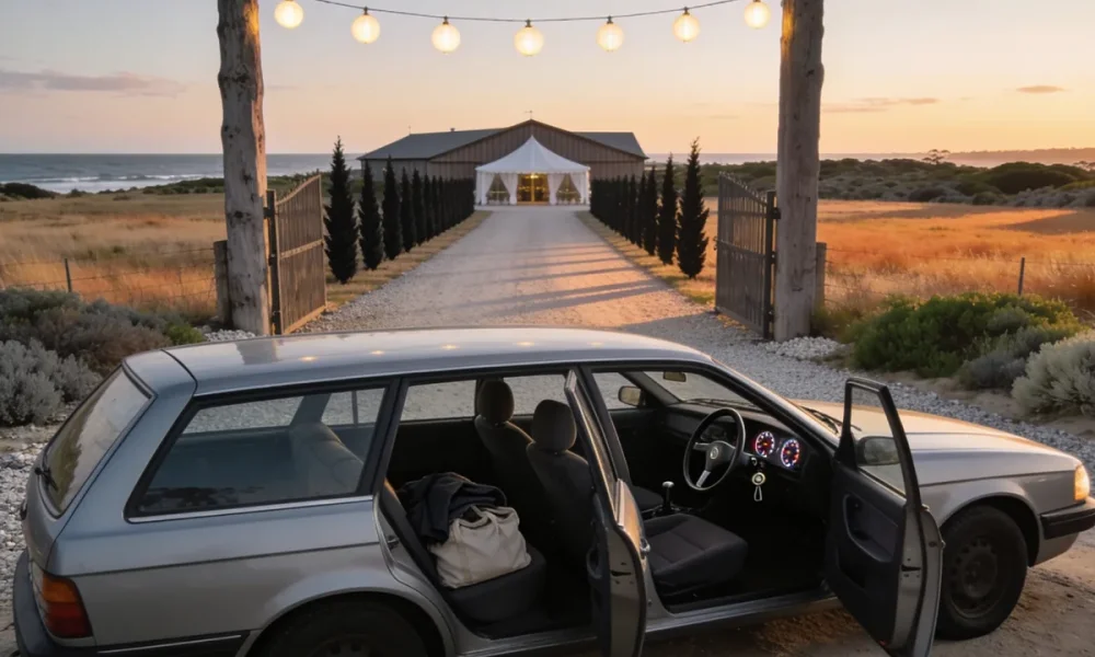 A silver grey station wagon parked at the gravel entrance of a rural Australian wedding venue at dusk, its nose pointing to the right of frame so its right hand driver's side faces the camera, the front and rear doors standing open on that near side so the steering wheel, steering column and instrument dials show plainly on the right of the cabin with the passenger seat beyond, a folded jacket and soft bag on the back seat, an open timber gateway with a string of lit festoon globes above a crushed rock driveway that runs past a cypress windbreak to a weatherboard hall and a white marquee under a soft evening sky