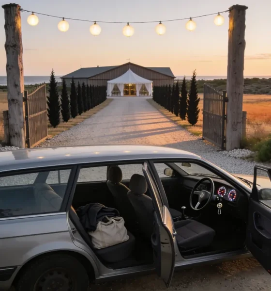 A silver grey station wagon parked at the gravel entrance of a rural Australian wedding venue at dusk, its nose pointing to the right of frame so its right hand driver's side faces the camera, the front and rear doors standing open on that near side so the steering wheel, steering column and instrument dials show plainly on the right of the cabin with the passenger seat beyond, a folded jacket and soft bag on the back seat, an open timber gateway with a string of lit festoon globes above a crushed rock driveway that runs past a cypress windbreak to a weatherboard hall and a white marquee under a soft evening sky