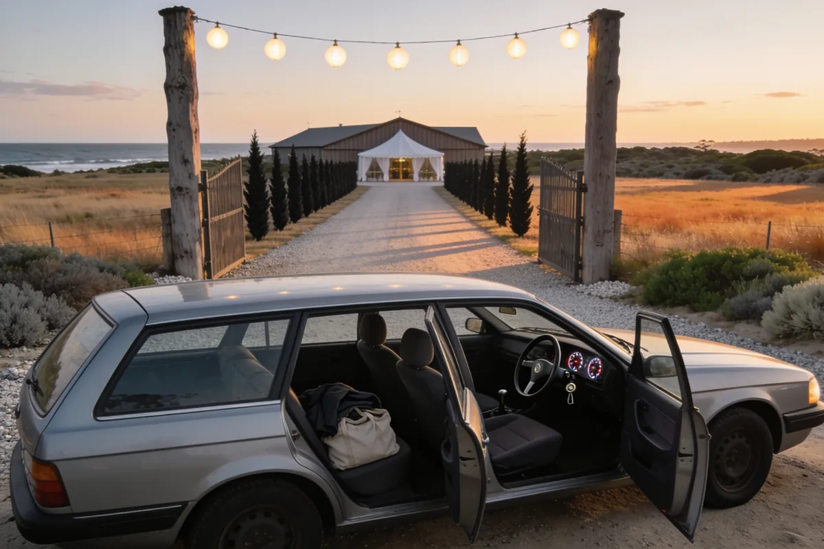 A silver grey station wagon parked at the gravel entrance of a rural Australian wedding venue at dusk, its nose pointing to the right of frame so its right hand driver's side faces the camera, the front and rear doors standing open on that near side so the steering wheel, steering column and instrument dials show plainly on the right of the cabin with the passenger seat beyond, a folded jacket and soft bag on the back seat, an open timber gateway with a string of lit festoon globes above a crushed rock driveway that runs past a cypress windbreak to a weatherboard hall and a white marquee under a soft evening sky