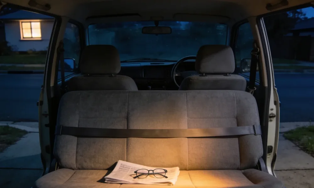 The back seat of a plain car at night seen from behind through the open rear of the cabin, a grey cloth bench seat with a seatbelt lying across it and a folded newspaper and pair of glasses resting on the cushion, the backs of the two empty front seats ahead and the steering wheel plainly on the right hand side of the frame beyond the passenger seat, with a quiet dark suburban street and one lit window seen through the windscreen and the interior light glowing warm over the seat