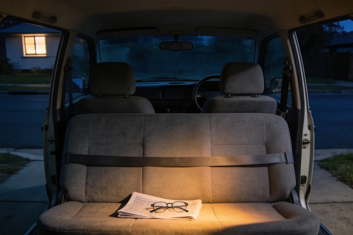 The back seat of a plain car at night seen from behind through the open rear of the cabin, a grey cloth bench seat with a seatbelt lying across it and a folded newspaper and pair of glasses resting on the cushion, the backs of the two empty front seats ahead and the steering wheel plainly on the right hand side of the frame beyond the passenger seat, with a quiet dark suburban street and one lit window seen through the windscreen and the interior light glowing warm over the seat