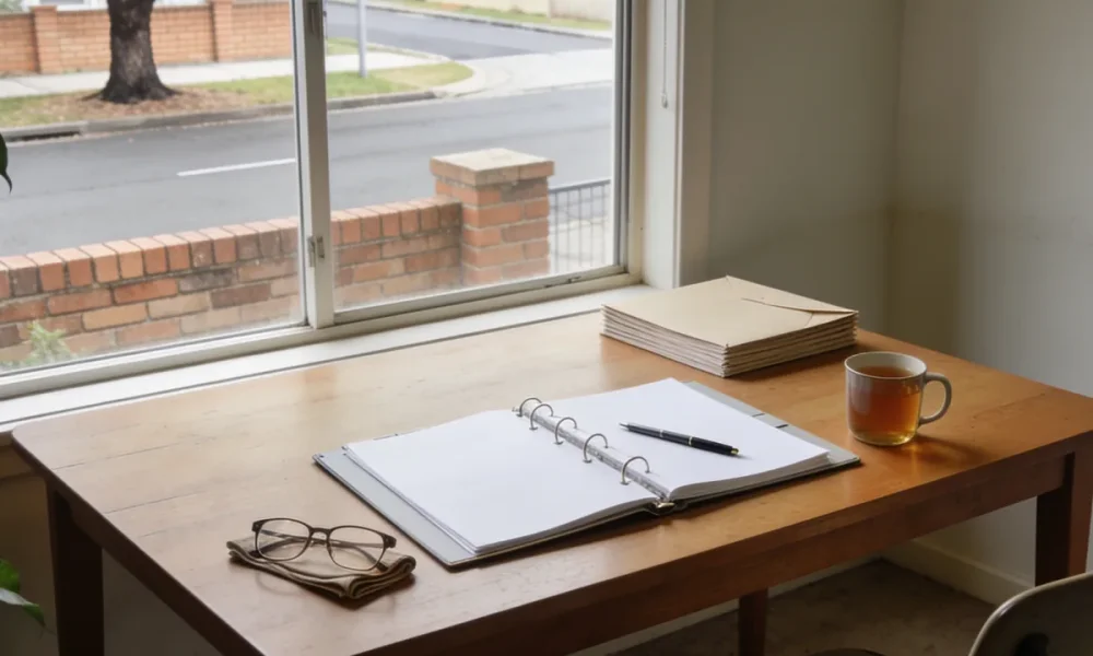 An open ring binder with blank pages and a pen on an ordinary Australian dining table in soft morning light, with a stack of plain envelopes, a mug of tea, folded reading glasses and a leafy houseplant at the edge of frame, a suburban street with a low brick fence and a street tree seen through the window behind