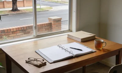 An open ring binder with blank pages and a pen on an ordinary Australian dining table in soft morning light, with a stack of plain envelopes, a mug of tea, folded reading glasses and a leafy houseplant at the edge of frame, a suburban street with a low brick fence and a street tree seen through the window behind