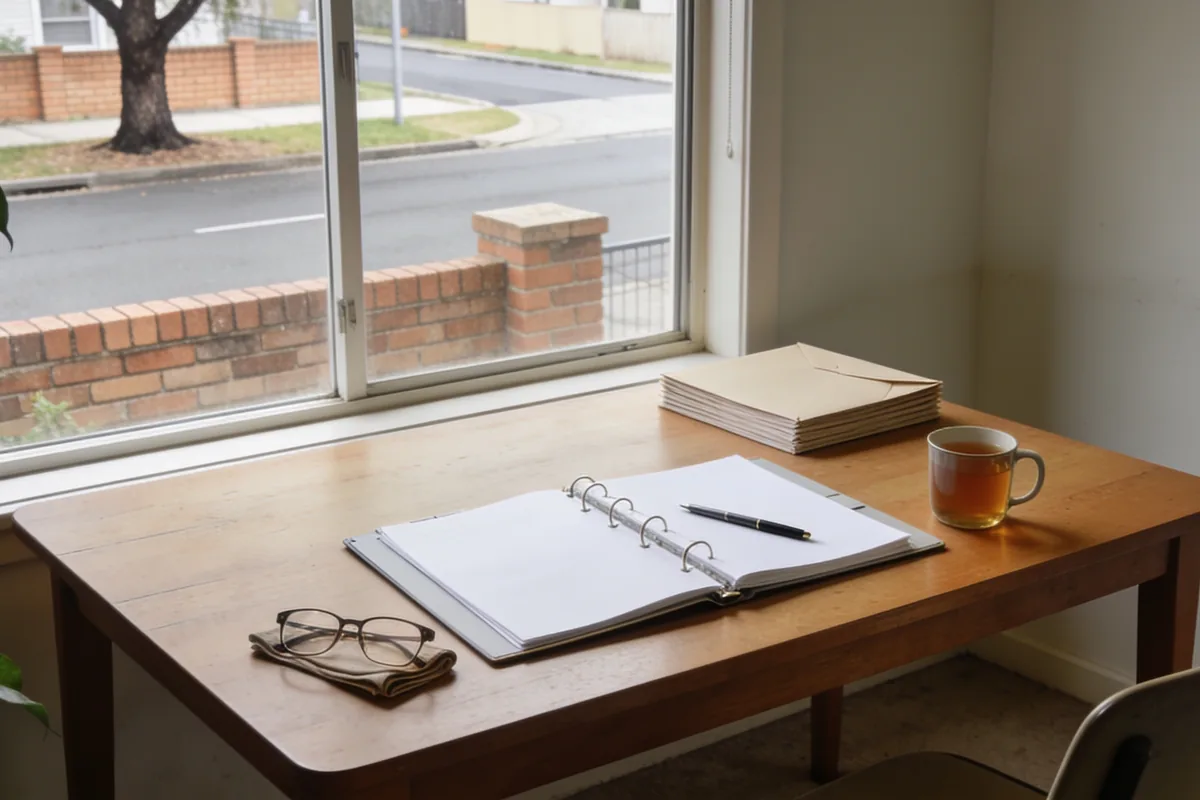 An open ring binder with blank pages and a pen on an ordinary Australian dining table in soft morning light, with a stack of plain envelopes, a mug of tea, folded reading glasses and a leafy houseplant at the edge of frame, a suburban street with a low brick fence and a street tree seen through the window behind