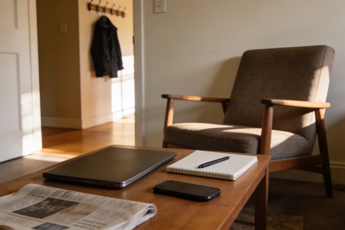 A quiet corner of an Australian living room in the afternoon with a closed laptop, a blank notebook and pen, a phone face down and a folded newspaper on a low timber table, an upholstered armchair pulled up at an angle and a hallway beyond the doorway with a coat hanging on a hook