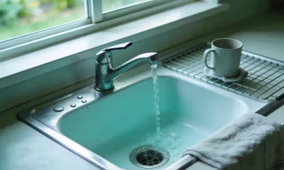 An ordinary Australian kitchen sink in the late morning, seen from just above bench height: a stainless steel single lever tap with clear water running in a steady stream into a plain white sink, a few drops already on the stainless steel beside the drain, a plain mug drying on the drainer and a tea towel folded over the edge of the laminate bench, with a soft green garden out of focus through the window above and ordinary weekday daylight across the whole scene