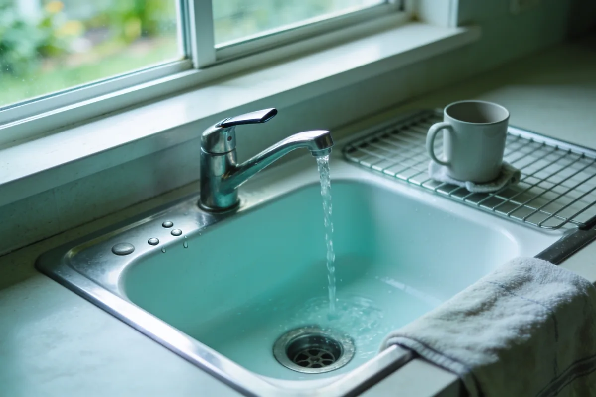 An ordinary Australian kitchen sink in the late morning, seen from just above bench height: a stainless steel single lever tap with clear water running in a steady stream into a plain white sink, a few drops already on the stainless steel beside the drain, a plain mug drying on the drainer and a tea towel folded over the edge of the laminate bench, with a soft green garden out of focus through the window above and ordinary weekday daylight across the whole scene