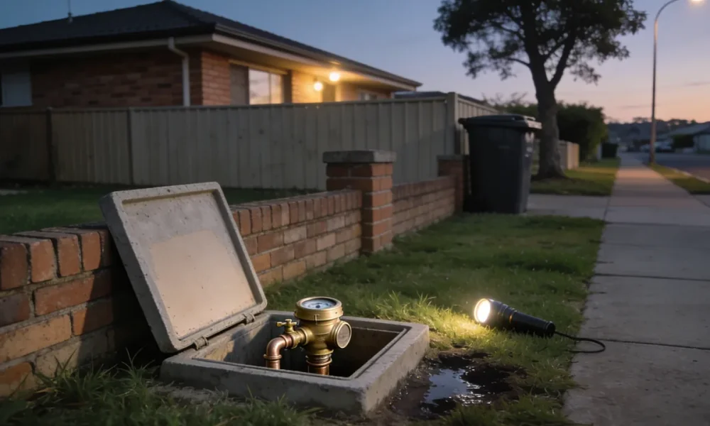A suburban Australian front garden at dusk with the lid of a concrete water meter box lifted and leaning against a low brick fence, a brass water meter and tap fitting on copper pipe inside the open box, a torch lying lit on the wet grass beside a dark damp patch, and a brick veneer house, paling fence, wheelie bin and street tree behind under the first streetlight