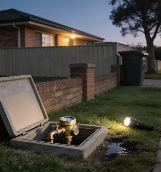 A suburban Australian front garden at dusk with the lid of a concrete water meter box lifted and leaning against a low brick fence, a brass water meter and tap fitting on copper pipe inside the open box, a torch lying lit on the wet grass beside a dark damp patch, and a brick veneer house, paling fence, wheelie bin and street tree behind under the first streetlight