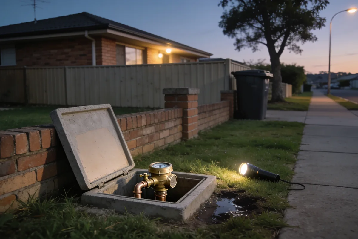 A suburban Australian front garden at dusk with the lid of a concrete water meter box lifted and leaning against a low brick fence, a brass water meter and tap fitting on copper pipe inside the open box, a torch lying lit on the wet grass beside a dark damp patch, and a brick veneer house, paling fence, wheelie bin and street tree behind under the first streetlight