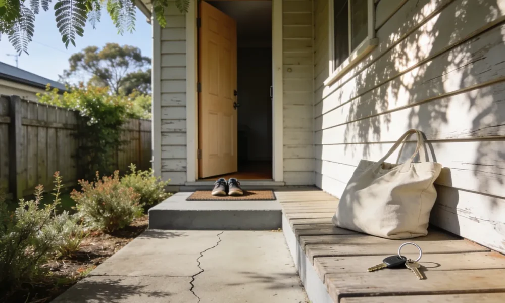 The front porch of an ordinary single storey Australian weatherboard home in the middle of a bright morning, seen from the front path: a plain timber front door standing open a hand's width onto a dim hallway with a pair of everyday shoes on the mat by the open door, a soft canvas bag standing on the porch boards beside a bunch of keys with a black fob lying on a plain ring, dappled shade from a leafy tree across the weathered boards and wall, a low native garden and a timber paling fence along the path, and a concrete path with a slight crack leading up to the step