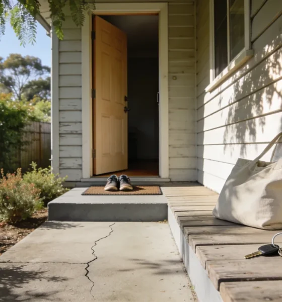 The front porch of an ordinary single storey Australian weatherboard home in the middle of a bright morning, seen from the front path: a plain timber front door standing open a hand's width onto a dim hallway with a pair of everyday shoes on the mat by the open door, a soft canvas bag standing on the porch boards beside a bunch of keys with a black fob lying on a plain ring, dappled shade from a leafy tree across the weathered boards and wall, a low native garden and a timber paling fence along the path, and a concrete path with a slight crack leading up to the step
