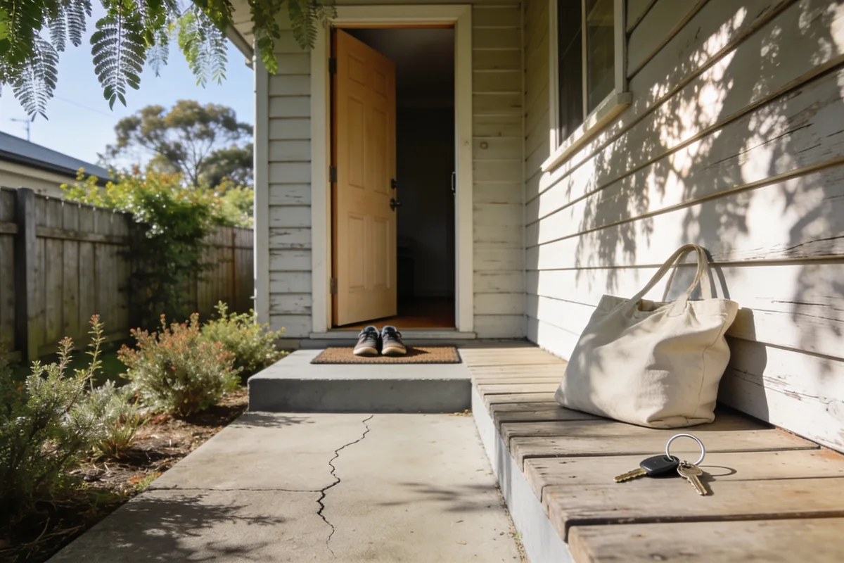 The front porch of an ordinary single storey Australian weatherboard home in the middle of a bright morning, seen from the front path: a plain timber front door standing open a hand's width onto a dim hallway with a pair of everyday shoes on the mat by the open door, a soft canvas bag standing on the porch boards beside a bunch of keys with a black fob lying on a plain ring, dappled shade from a leafy tree across the weathered boards and wall, a low native garden and a timber paling fence along the path, and a concrete path with a slight crack leading up to the step
