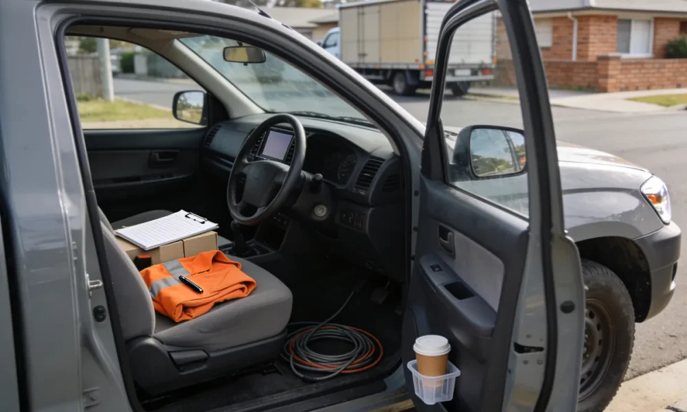 A plain unmarked grey work ute parked at the kerb of a quiet suburban Australian street at midday, seen from beside its open driver's door with the vehicle's nose pointing to the right of frame so its right hand driver's side faces the camera: the steering wheel, the driver's seat and the pedals of the near footwell plainly inside the open doorway with the instrument dials visible behind the wheel, and on that front seat a clipboard with faint ruled lines and empty boxes and nothing written on it lying across two plain unmarked cartons, a folded plain orange work vest with reflective stripes, a black pen, a neat coil of cable on the cabin floor and a takeaway coffee cup standing in the pocket of the open door, with a quiet street, a parked box truck and a low brick veneer house soft and out of focus beyond the windscreen
