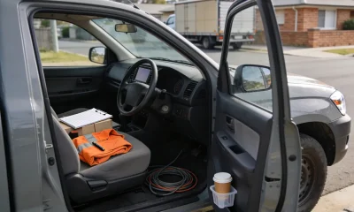 A plain unmarked grey work ute parked at the kerb of a quiet suburban Australian street at midday, seen from beside its open driver's door with the vehicle's nose pointing to the right of frame so its right hand driver's side faces the camera: the steering wheel, the driver's seat and the pedals of the near footwell plainly inside the open doorway with the instrument dials visible behind the wheel, and on that front seat a clipboard with faint ruled lines and empty boxes and nothing written on it lying across two plain unmarked cartons, a folded plain orange work vest with reflective stripes, a black pen, a neat coil of cable on the cabin floor and a takeaway coffee cup standing in the pocket of the open door, with a quiet street, a parked box truck and a low brick veneer house soft and out of focus beyond the windscreen