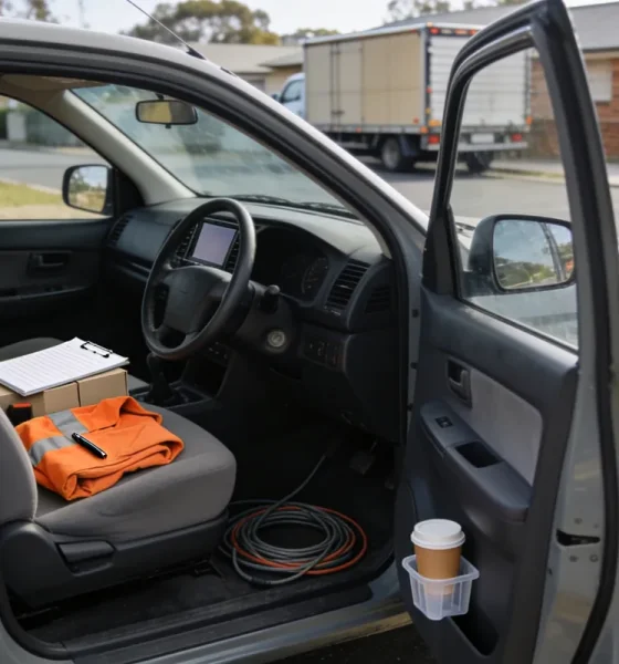 A plain unmarked grey work ute parked at the kerb of a quiet suburban Australian street at midday, seen from beside its open driver's door with the vehicle's nose pointing to the right of frame so its right hand driver's side faces the camera: the steering wheel, the driver's seat and the pedals of the near footwell plainly inside the open doorway with the instrument dials visible behind the wheel, and on that front seat a clipboard with faint ruled lines and empty boxes and nothing written on it lying across two plain unmarked cartons, a folded plain orange work vest with reflective stripes, a black pen, a neat coil of cable on the cabin floor and a takeaway coffee cup standing in the pocket of the open door, with a quiet street, a parked box truck and a low brick veneer house soft and out of focus beyond the windscreen
