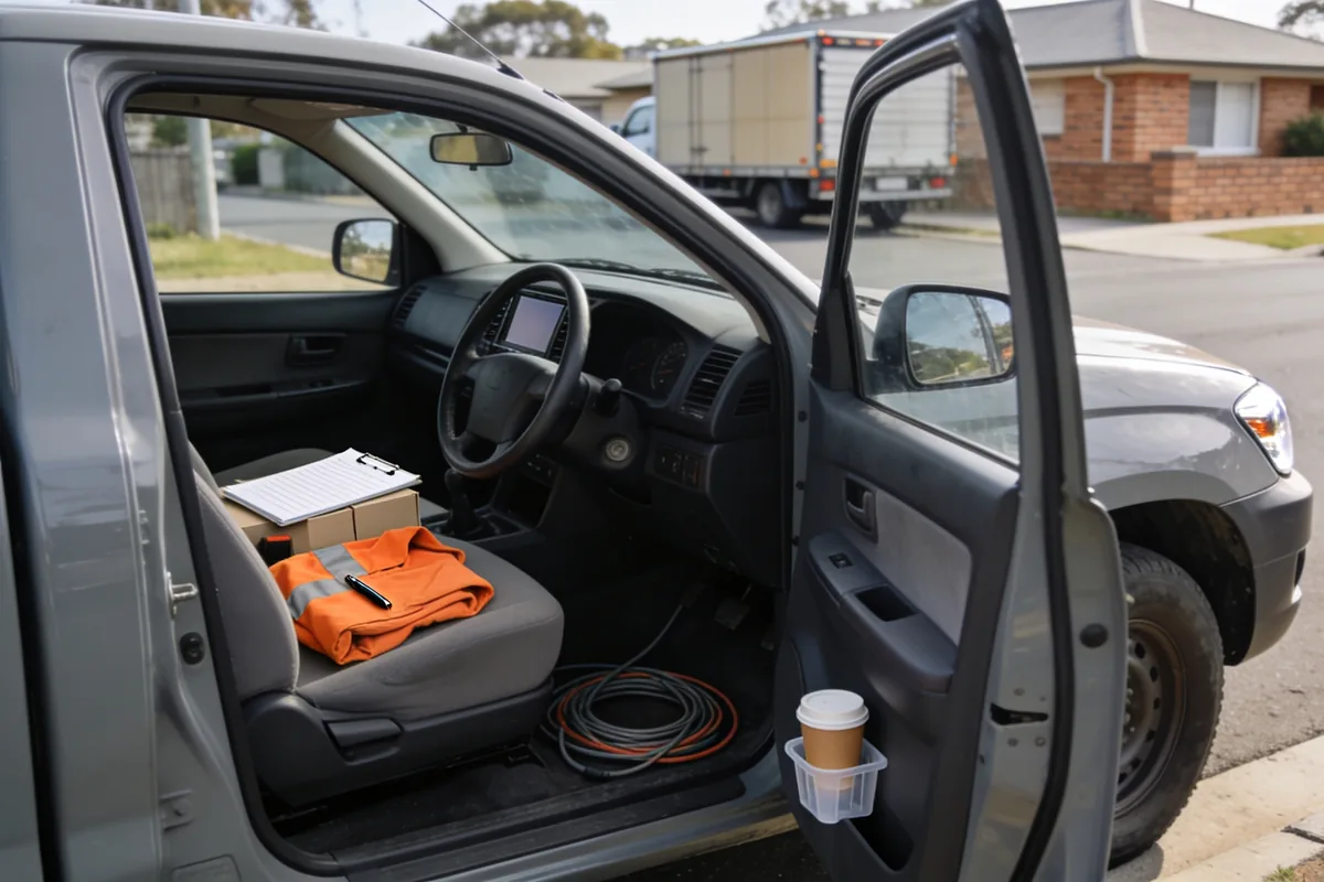 A plain unmarked grey work ute parked at the kerb of a quiet suburban Australian street at midday, seen from beside its open driver's door with the vehicle's nose pointing to the right of frame so its right hand driver's side faces the camera: the steering wheel, the driver's seat and the pedals of the near footwell plainly inside the open doorway with the instrument dials visible behind the wheel, and on that front seat a clipboard with faint ruled lines and empty boxes and nothing written on it lying across two plain unmarked cartons, a folded plain orange work vest with reflective stripes, a black pen, a neat coil of cable on the cabin floor and a takeaway coffee cup standing in the pocket of the open door, with a quiet street, a parked box truck and a low brick veneer house soft and out of focus beyond the windscreen