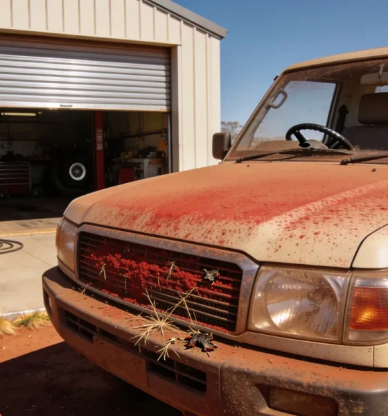 The front of a red dust covered Australian dual cab ute outside the part open roller door of a small outback workshop in the Pilbara on a hard bright day, its nose pointing to the left of frame so its left hand side faces the camera, the grille packed with red dust, dried grass seed and dead insects and the bonnet and windscreen filmed with red dust, the steering wheel sitting through the windscreen on the far side of the cabin at the vehicle's right hand driver's side ahead of the driver's seat, with a wheelie bin and coiled air hose at the workshop door, a concrete apron and red dirt and spinifex at the edge of frame