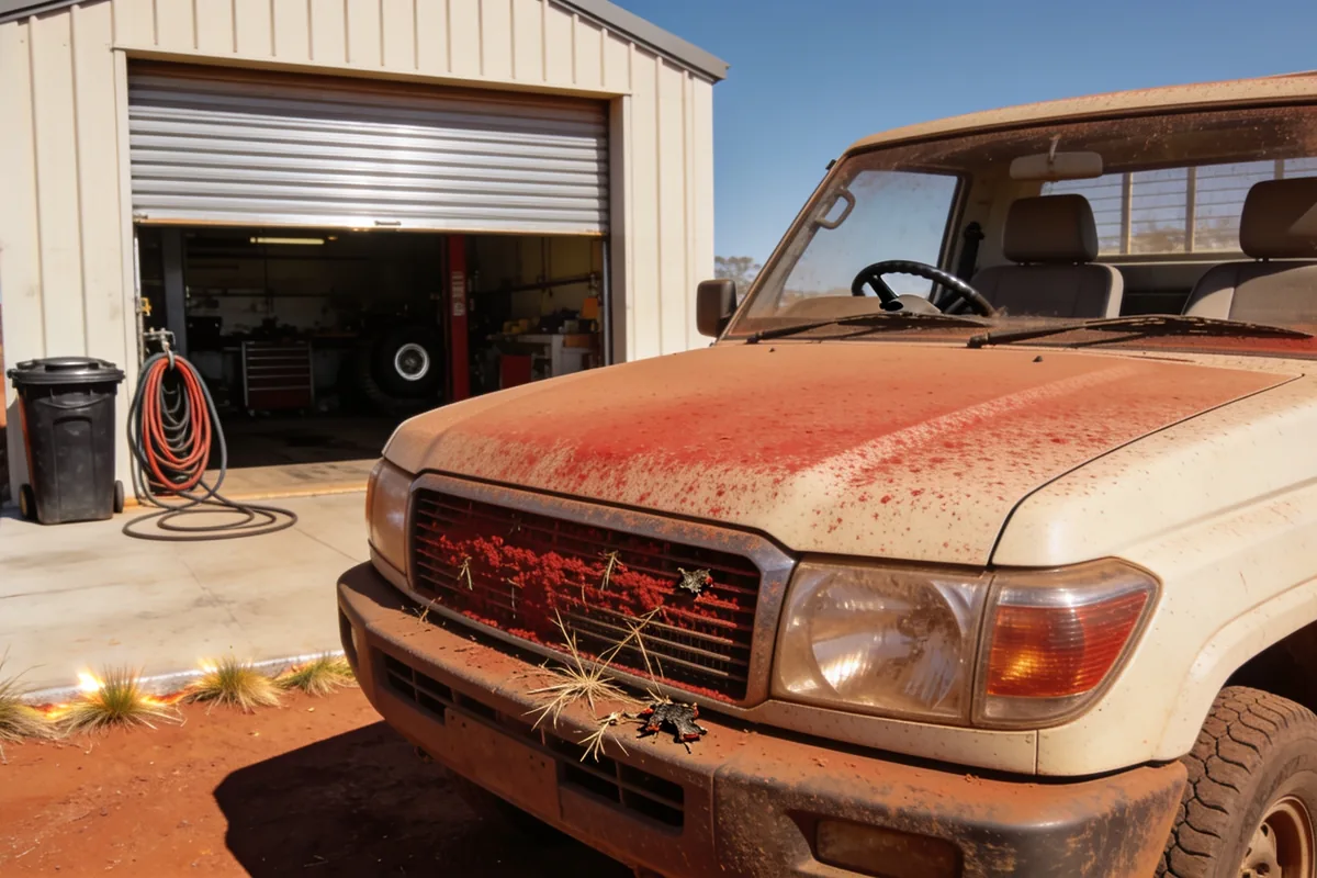 The front of a red dust covered Australian dual cab ute outside the part open roller door of a small outback workshop in the Pilbara on a hard bright day, its nose pointing to the left of frame so its left hand side faces the camera, the grille packed with red dust, dried grass seed and dead insects and the bonnet and windscreen filmed with red dust, the steering wheel sitting through the windscreen on the far side of the cabin at the vehicle's right hand driver's side ahead of the driver's seat, with a wheelie bin and coiled air hose at the workshop door, a concrete apron and red dirt and spinifex at the edge of frame