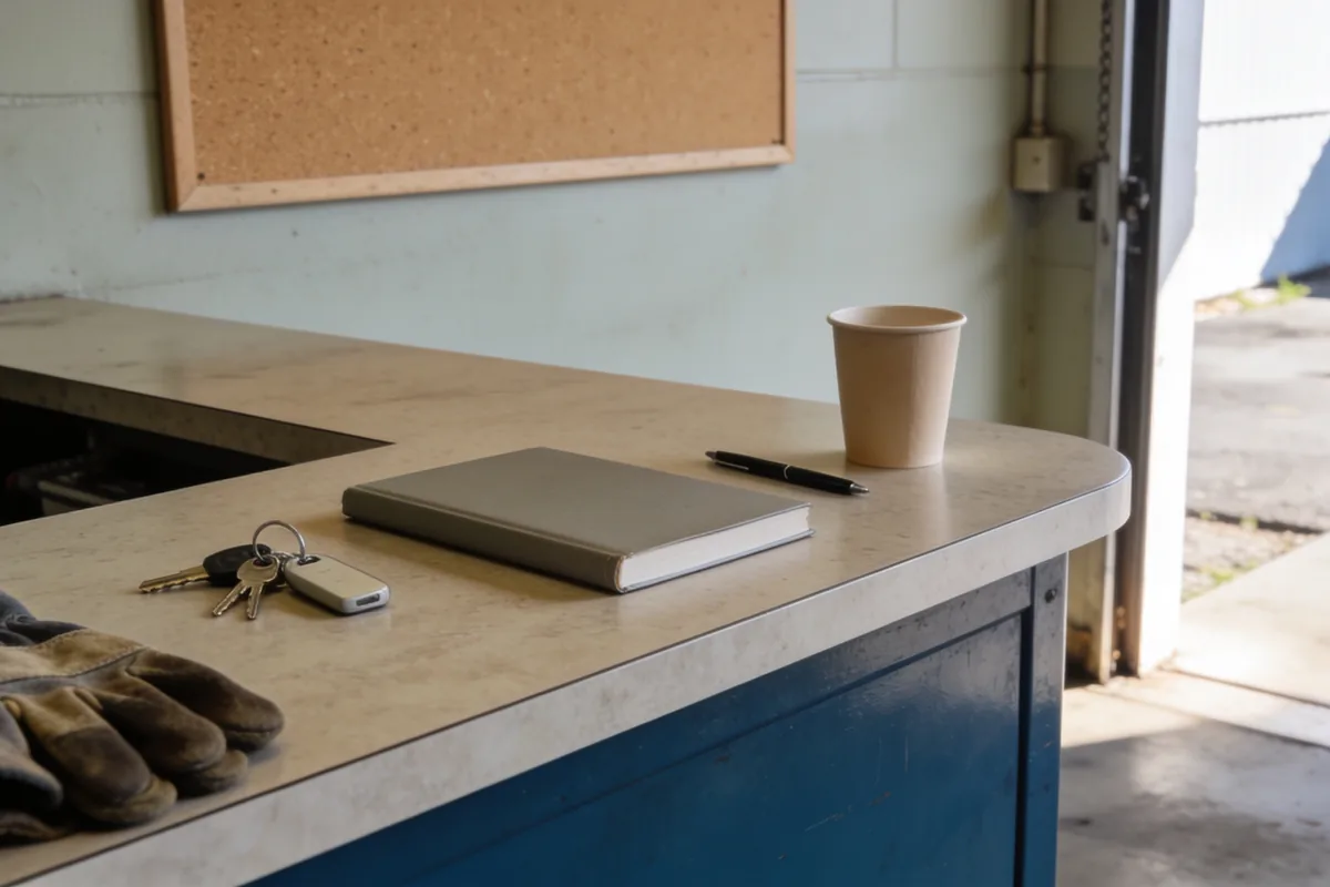 A workshop service counter in an Australian regional town seen from the customer's side, with a closed daybook lying face down, a bunch of keys on a plain unmarked fob, a pen, a paper coffee cup and folded work gloves on the laminate bench, an empty cork noticeboard on the bare wall behind and hard daylight through the doorway beyond showing a concrete yard