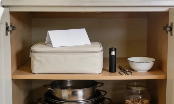 An open kitchen cupboard in an ordinary Australian home in soft morning light holding a plain cream soft sided zip case with a folded blank leaflet standing on top of it, a small black torch, a pair of scissors and a white enamel bowl beside it and stacked stainless steel saucepans and a jar of dried goods on the shelf below