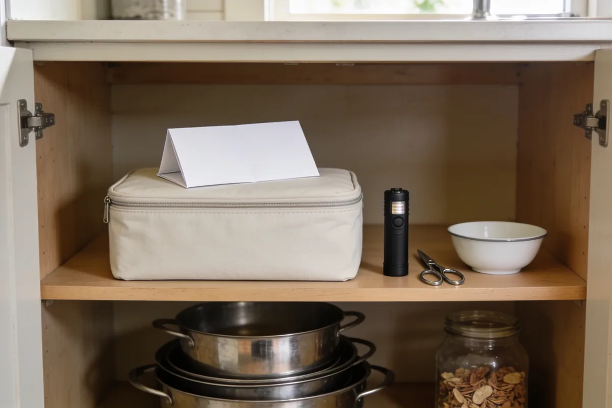 An open kitchen cupboard in an ordinary Australian home in soft morning light holding a plain cream soft sided zip case with a folded blank leaflet standing on top of it, a small black torch, a pair of scissors and a white enamel bowl beside it and stacked stainless steel saucepans and a jar of dried goods on the shelf below