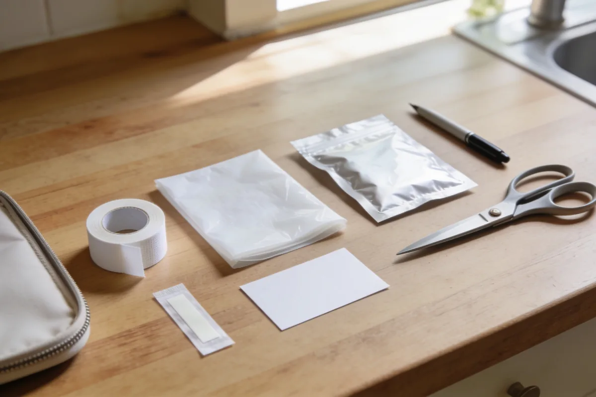 A plain timber kitchen bench in daylight from a window with a small roll of white tape, a folded sheet of plain white plastic, a sealed plain foil sachet, a pair of scissors, a pen, a blank card and a single plain strip packet laid out on it, and the open edge of a plain cream zip case at the left of frame
