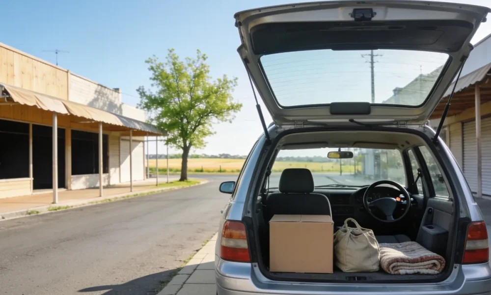 The open boot of a plain silver station wagon parked at the kerb of a quiet country town main street on a clear morning, seen from behind and slightly to one side so its clean unbranded nose points away from the camera: a single plain closed cardboard carton, a soft canvas bag and a folded striped blanket sitting in the open load space under the raised tailgate, and looking forward through the open rear of the cabin past the empty passenger seat, the steering wheel and the driver's seat sit plainly on the right hand side of the cabin at the right of frame, with a low row of plain single storey shopfronts with awnings and dark empty windows along the left, a leafy street tree, a wide almost empty road and a hint of golden paddocks at the end of the street