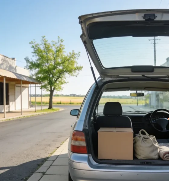 The open boot of a plain silver station wagon parked at the kerb of a quiet country town main street on a clear morning, seen from behind and slightly to one side so its clean unbranded nose points away from the camera: a single plain closed cardboard carton, a soft canvas bag and a folded striped blanket sitting in the open load space under the raised tailgate, and looking forward through the open rear of the cabin past the empty passenger seat, the steering wheel and the driver's seat sit plainly on the right hand side of the cabin at the right of frame, with a low row of plain single storey shopfronts with awnings and dark empty windows along the left, a leafy street tree, a wide almost empty road and a hint of golden paddocks at the end of the street