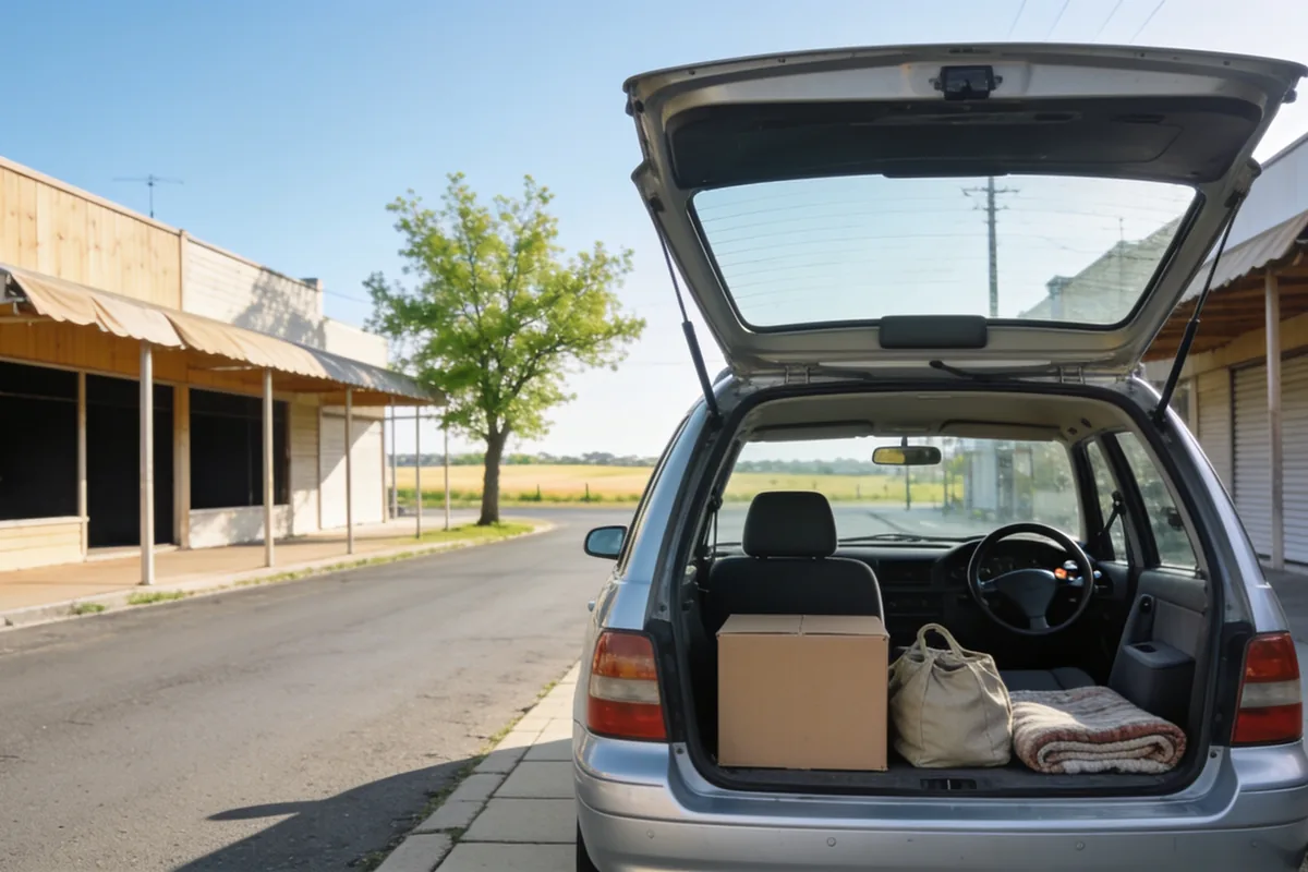The open boot of a plain silver station wagon parked at the kerb of a quiet country town main street on a clear morning, seen from behind and slightly to one side so its clean unbranded nose points away from the camera: a single plain closed cardboard carton, a soft canvas bag and a folded striped blanket sitting in the open load space under the raised tailgate, and looking forward through the open rear of the cabin past the empty passenger seat, the steering wheel and the driver's seat sit plainly on the right hand side of the cabin at the right of frame, with a low row of plain single storey shopfronts with awnings and dark empty windows along the left, a leafy street tree, a wide almost empty road and a hint of golden paddocks at the end of the street