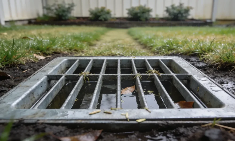 An outdoor drainage grate set into the lawn of an ordinary Australian backyard on a wet overcast day, seen from standing height looking down and slightly across: a square galvanised grate with a shallow fall of water still sitting in it and a few dead leaves and lawn clippings caught on the bars, damp dark soil around the frame, buffalo lawn running to the edge of the frame, a garden bed of low shrubs and a paling fence soft and out of focus in the middle distance