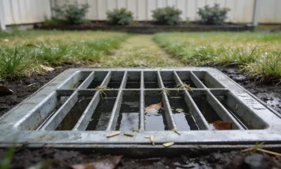 An outdoor drainage grate set into the lawn of an ordinary Australian backyard on a wet overcast day, seen from standing height looking down and slightly across: a square galvanised grate with a shallow fall of water still sitting in it and a few dead leaves and lawn clippings caught on the bars, damp dark soil around the frame, buffalo lawn running to the edge of the frame, a garden bed of low shrubs and a paling fence soft and out of focus in the middle distance