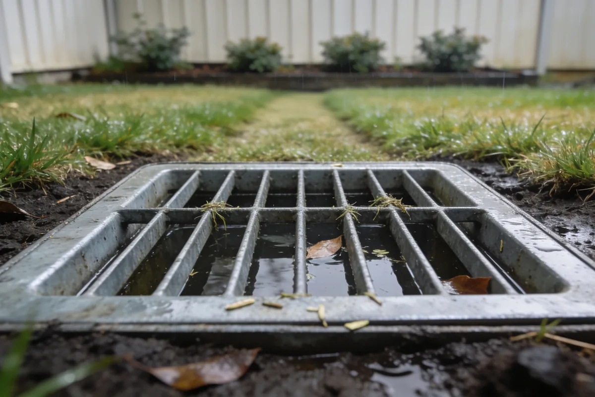 An outdoor drainage grate set into the lawn of an ordinary Australian backyard on a wet overcast day, seen from standing height looking down and slightly across: a square galvanised grate with a shallow fall of water still sitting in it and a few dead leaves and lawn clippings caught on the bars, damp dark soil around the frame, buffalo lawn running to the edge of the frame, a garden bed of low shrubs and a paling fence soft and out of focus in the middle distance
