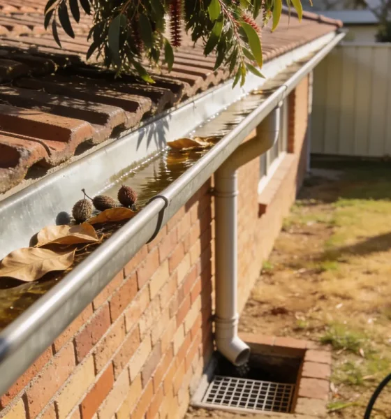 The eave line of a single storey Australian brick veneer house seen from the garden in late afternoon light, galvanised guttering holding shallow water with dry broad leaves and seed pods along the channel above a downpipe running down the brickwork into a grated pit, a tiled roof and an overhanging gum tree branch above, with dry lawn, a paling fence and a hose reel at the edge of frame